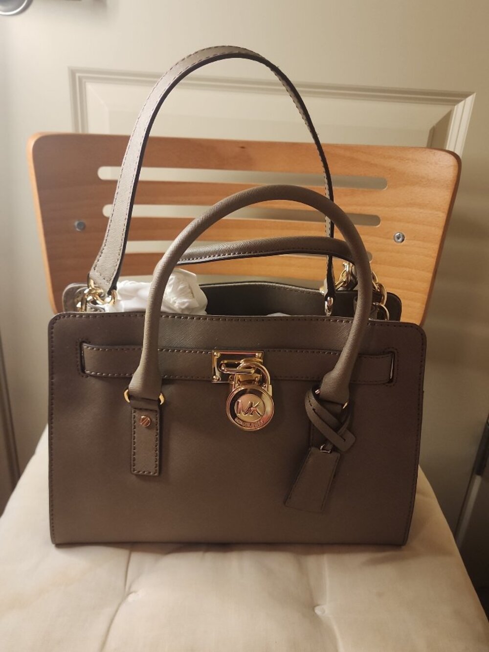 Michael Kors Hamilton Pearl Grey Leather Satchel